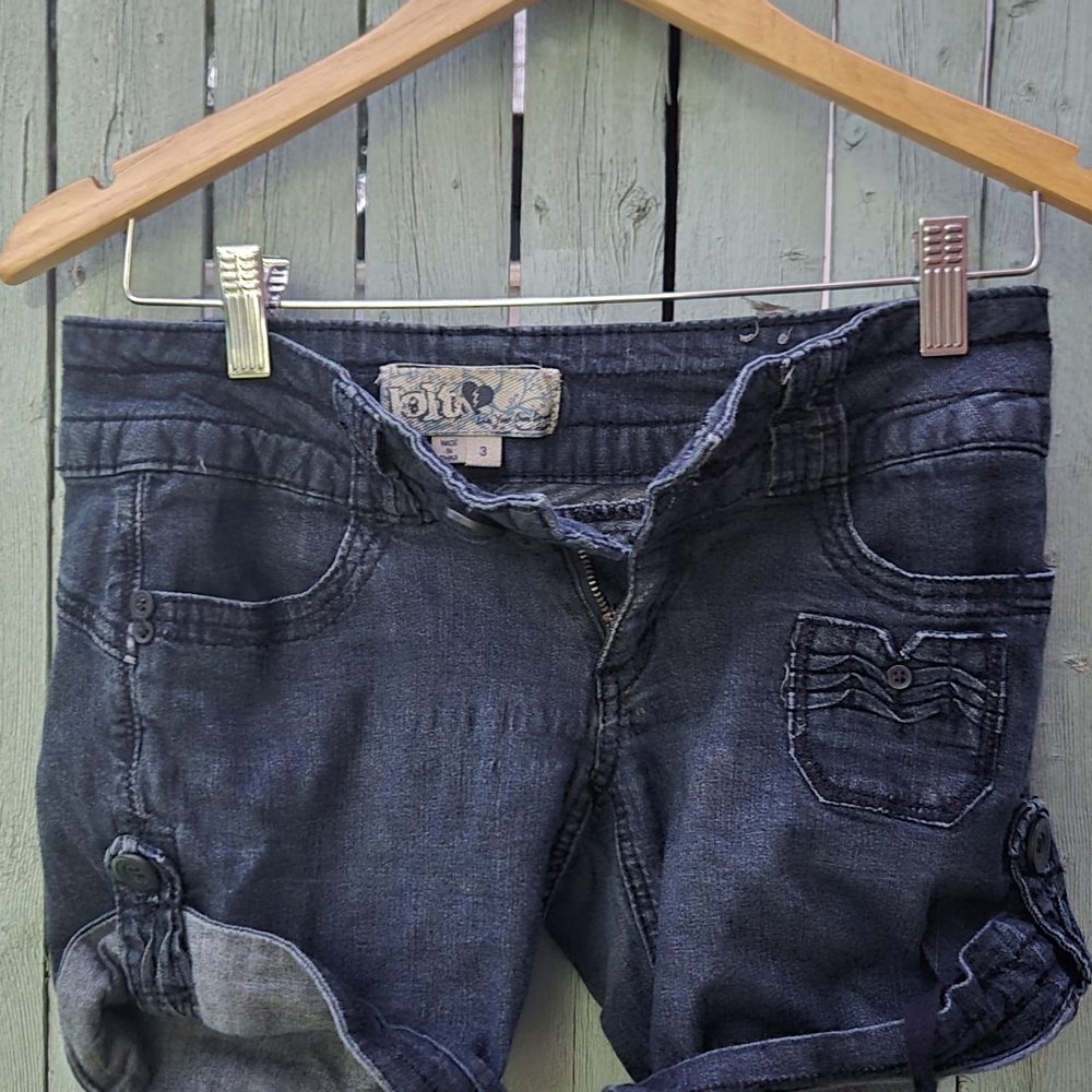 Jolt Denim Cargo Shorts with Button Tab Cuffs – Size 3, Dark Wash